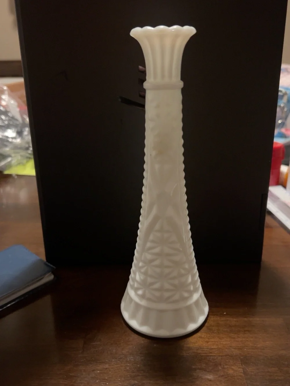 Vintage White Milk Glass Bud Vase Starburst Geometric Scalloped Rim